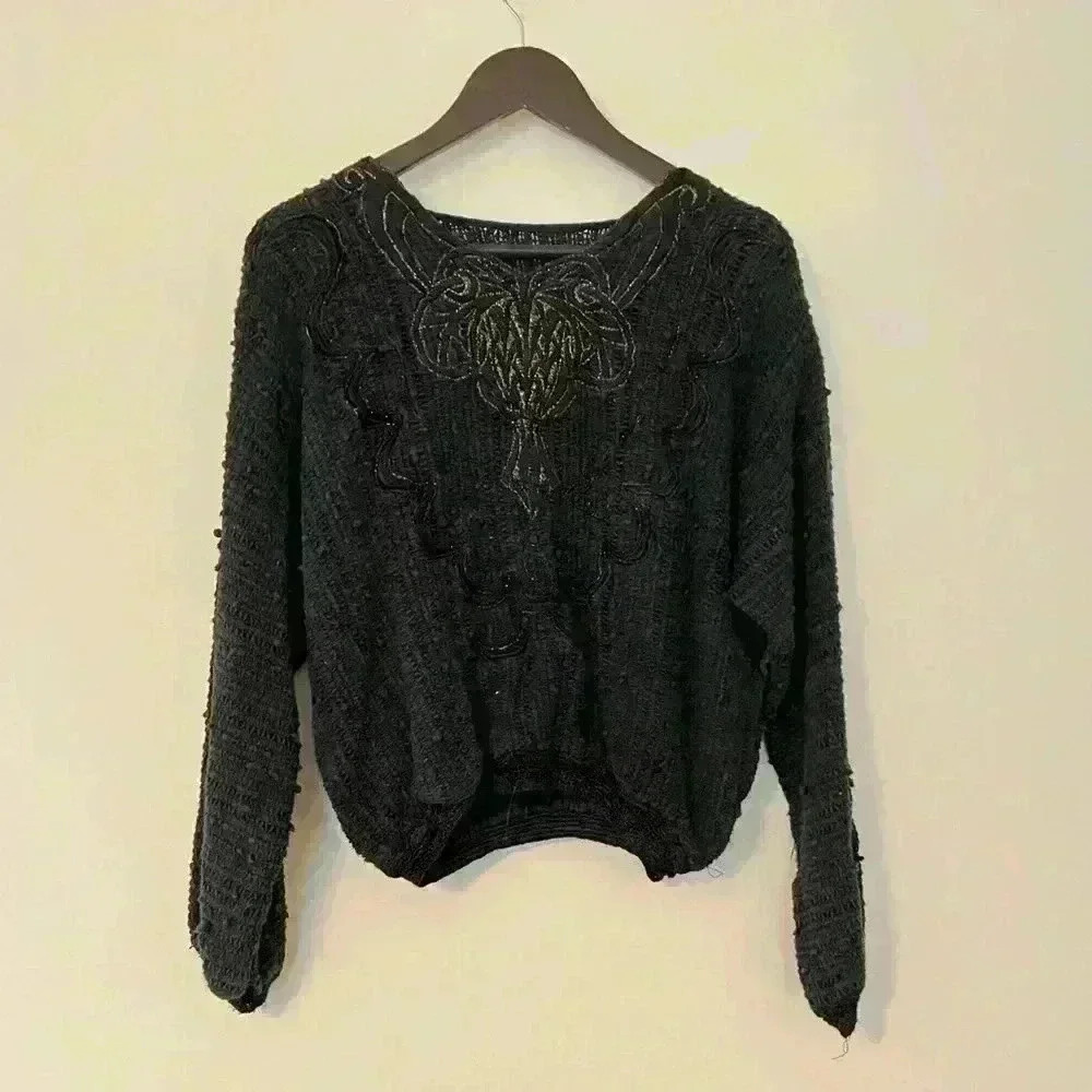 Vintage Tweed Abstract Black Cropped Sweater